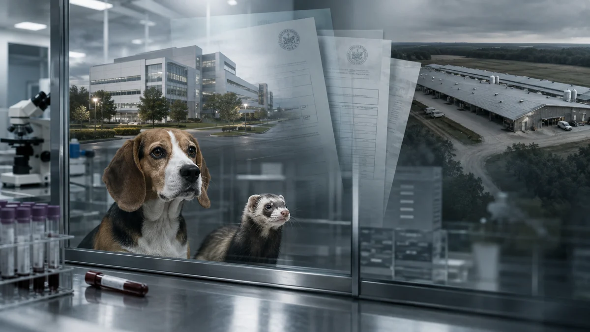 A beagle and a ferret inside a laboratory scene with test tubes, documents, and an industrial facility in the background.