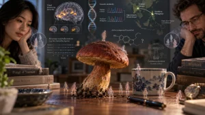 A mushroom surrounded by tiny human figures, with two people watching and overlaid science graphics about hallucinations and genetics.