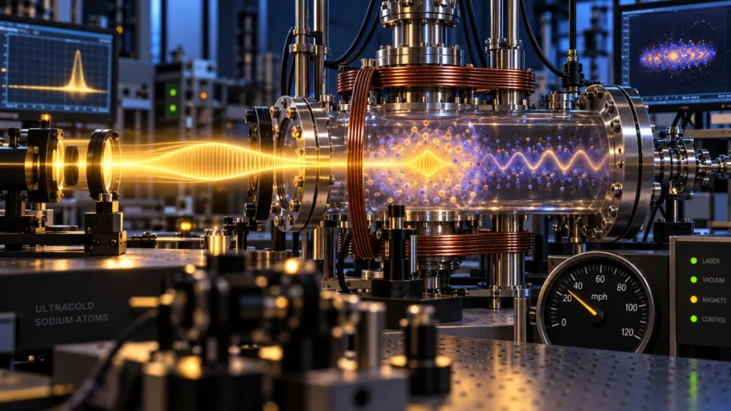 A laser beam passes through a sophisticated quantum physics apparatus with glass chambers, coils, and monitoring screens.