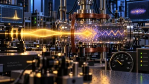 A laser beam passes through a sophisticated quantum physics apparatus with glass chambers, coils, and monitoring screens.
