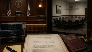 A courtroom desk with legal books and a supplemental jury instruction sheet in the foreground, with a jury deliberation room visible in the background.