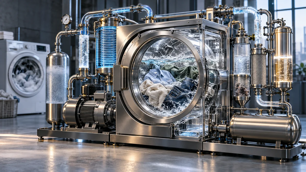 A futuristic stainless steel washing machine with visible pipes, tanks, and tumbling clothes inside a transparent drum.