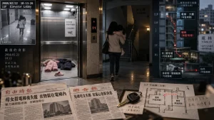 Composite illustration of an elevator lobby, CCTV footage, building floor plan, and newspaper clippings related to the disappearance of Liu Huijun.