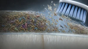 A toothbrush bristles away a dense layer of plaque-like buildup on a tooth surface, with particles breaking apart into the air.