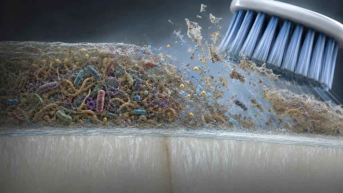 A toothbrush bristles away a dense layer of plaque-like buildup on a tooth surface, with particles breaking apart into the air.