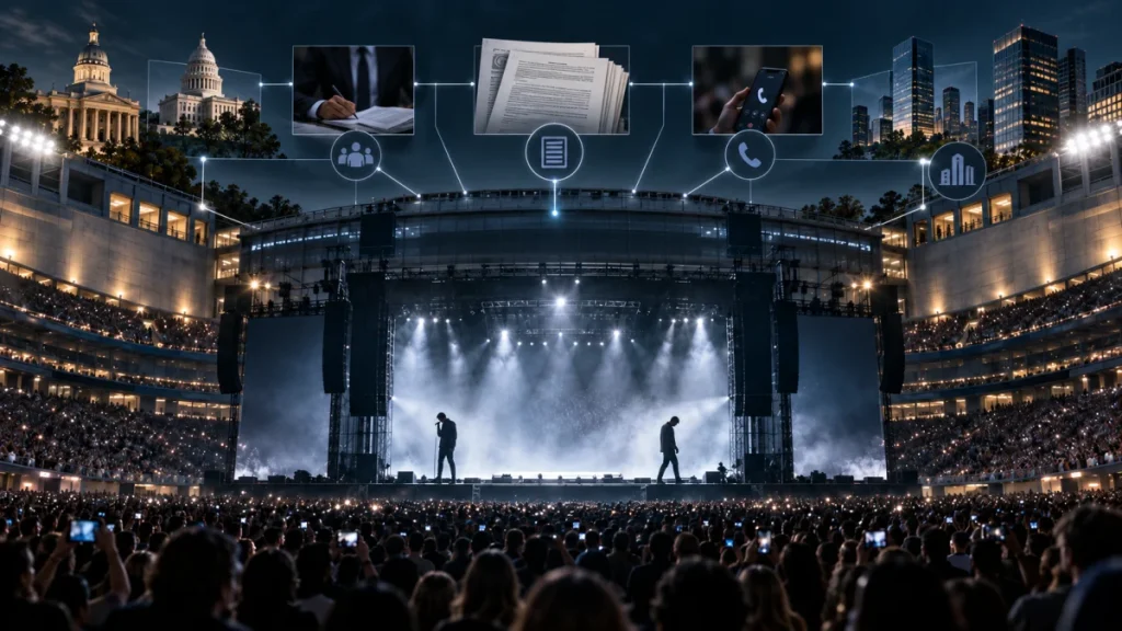 A large outdoor concert crowd faces a brightly lit stage, with overlaid icons suggesting business and legal issues behind a tour decision.