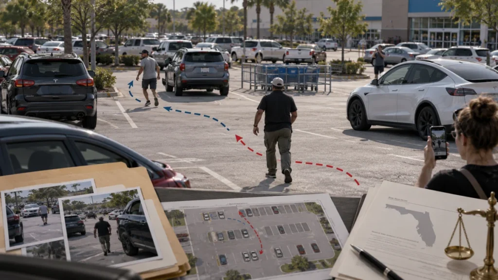 Annotated parking lot scene with people walking, vehicles, evidence photos, a site map, and a legal scale on a table in the foreground.