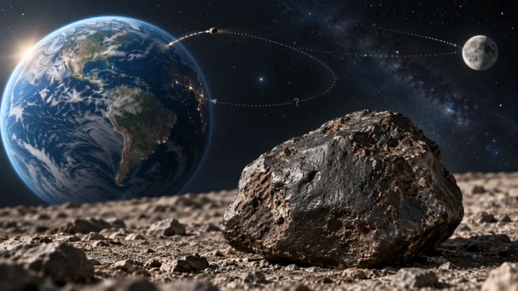 A rocky meteorite in the foreground with Earth, the Moon, and a curved orbital path in the background.