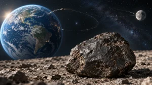 A rocky meteorite in the foreground with Earth, the Moon, and a curved orbital path in the background.