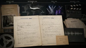 Investigative graphic with police file folders, handwritten song pages, a world map with flight path, stage lights, a clapperboard, and audio waveform imagery.
