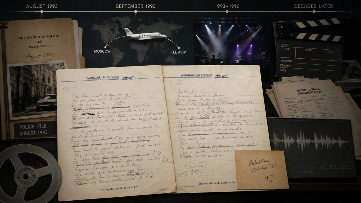 Investigative graphic with police file folders, handwritten song pages, a world map with flight path, stage lights, a clapperboard, and audio waveform imagery.