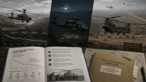 Collage of U.S. military helicopters in flight and training scenes with charts, reports, and a safety investigation file about helicopter mishap rates.