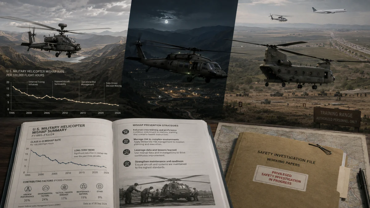 Collage of U.S. military helicopters in flight and training scenes with charts, reports, and a safety investigation file about helicopter mishap rates.