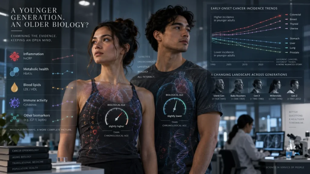 Two young adults stand in a lab with overlaid health and age graphics, biomarker charts, and cancer incidence trends. The image presents a science-themed visual about biological aging in Millennials and Gen Z.