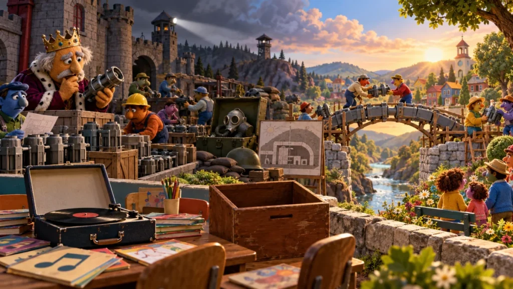 A stylized scene of puppet characters in a castle village with a king, workers, children, and an open record player in the foreground at sunset.