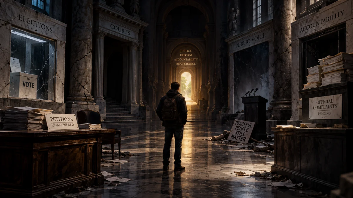 A lone person stands in a dim, damaged hall lined with signs for elections, courts, public voice, and accountability, with papers and complaint stacks scattered around.