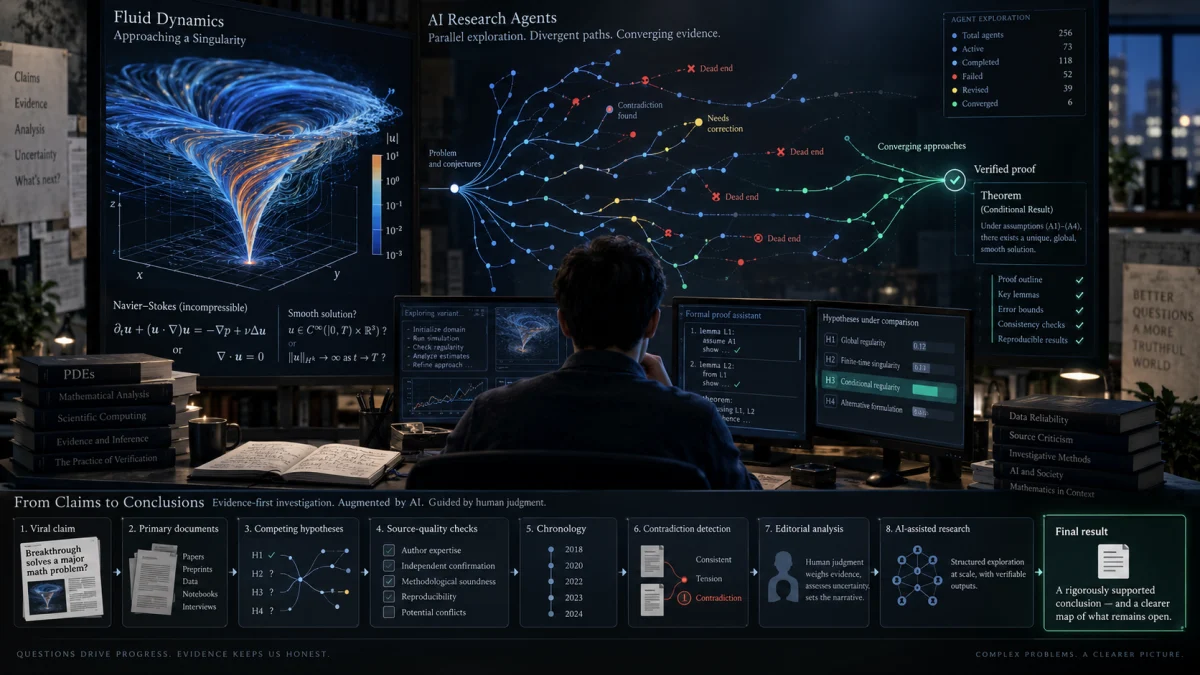 Person working at a desk facing large screens showing fluid dynamics and AI research workflow diagrams, with equations, proofs, and research notes around them.
