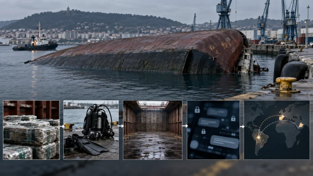 A large rusted cargo ship hull partially submerged in a harbor, with inset images showing seized packages, diving gear, an empty hold, encrypted messages, and a global route graphic.