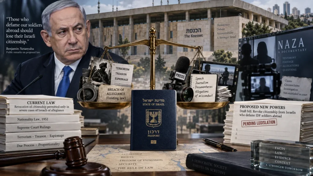 Composite illustration of Benjamin Netanyahu beside the Knesset, with a scales of justice, Israeli passport, press camera, and documents about revoking citizenship for defaming the IDF.
