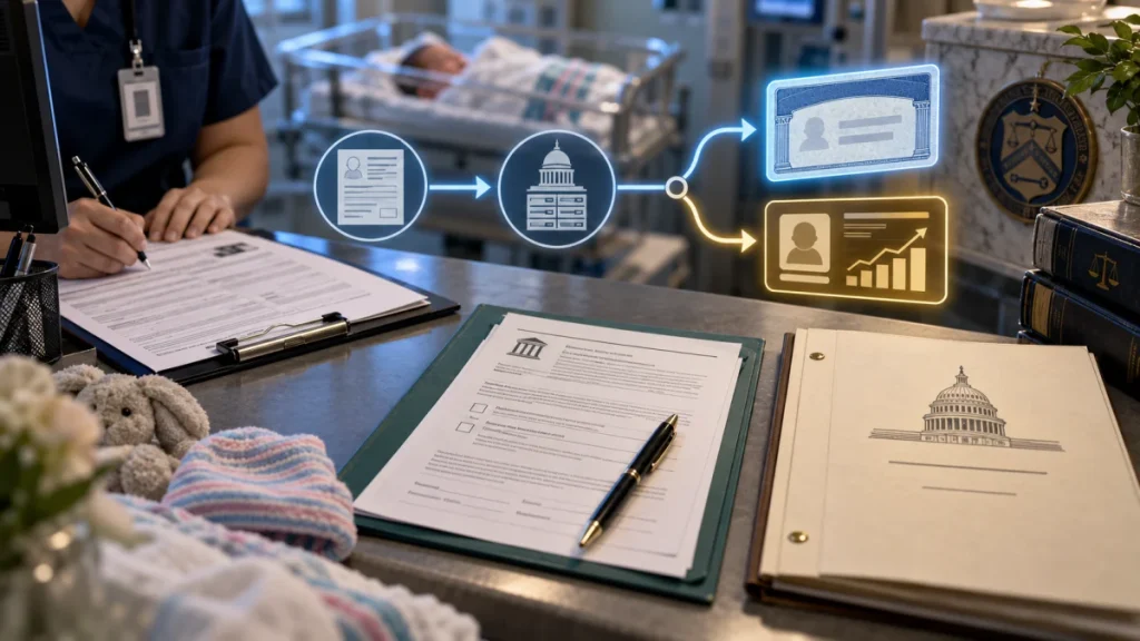 A hospital clerk fills out paperwork at a desk, with newborn items in the foreground and glowing icons showing a government form leading to account options.