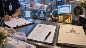 A hospital clerk fills out paperwork at a desk, with newborn items in the foreground and glowing icons showing a government form leading to account options.