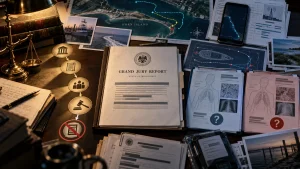 Desktop scene with a grand jury report, legal documents, photos, maps, and a smartphone displaying tracking data.