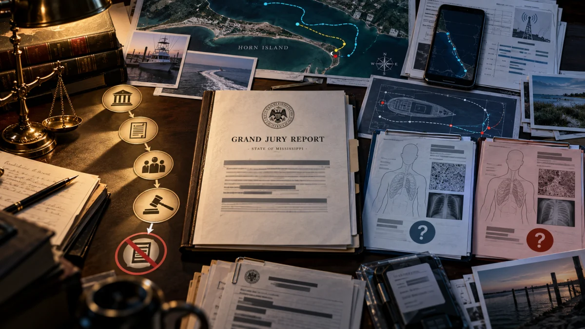 Desktop scene with a grand jury report, legal documents, photos, maps, and a smartphone displaying tracking data.