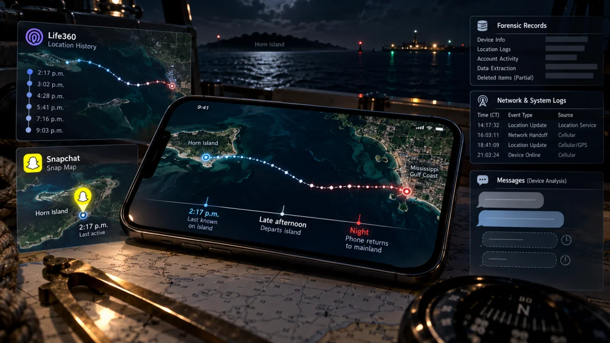 Smartphone on a nautical map with overlays showing Life360, Snapchat, and forensic location data, plus a night harbor scene in the background.