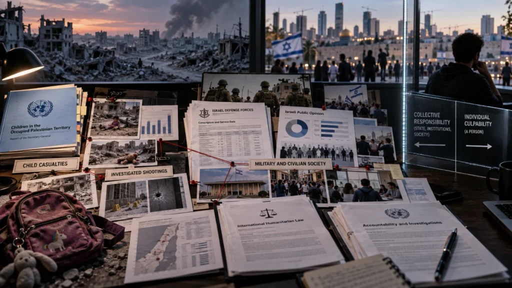 An evidence board with documents, photos, and charts about child casualties, military actions, and accountability in the Israeli-Palestinian conflict.
