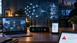 A home router on a desk with laptops and a smartphone showing DNS and security warning graphics in a cybersecurity-themed room.
