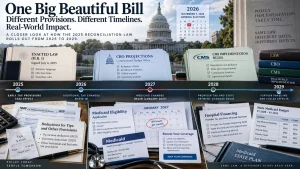 Infographic showing the One Big Beautiful Bill rollout timeline from 2025 to 2029, with policy cards for enacted law, CBO projections, CMS rules, Medicaid changes, tax provisions, and state implementation dates.