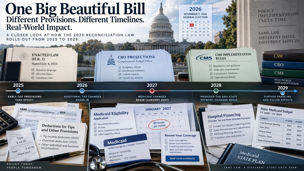Infographic showing the One Big Beautiful Bill rollout timeline from 2025 to 2029, with policy cards for enacted law, CBO projections, CMS rules, Medicaid changes, tax provisions, and state implementation dates.