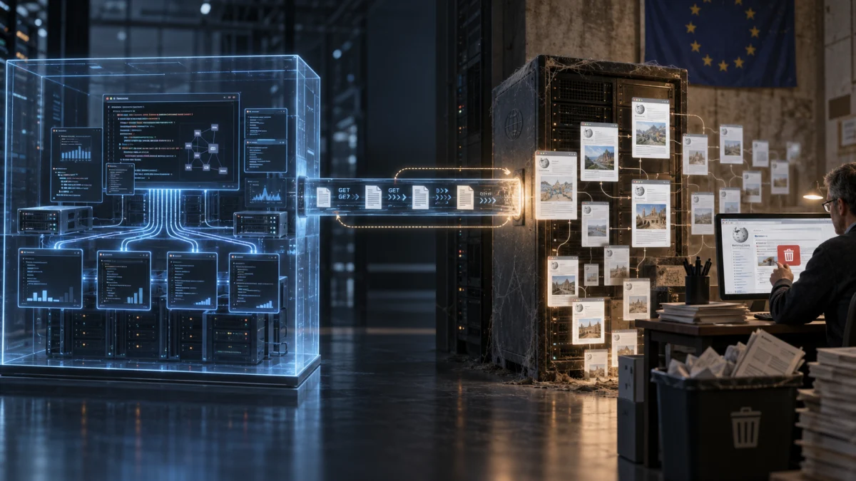 A futuristic AI system sends web pages from a server display to a stack of article pages on the right, with a person working at a desk nearby.
