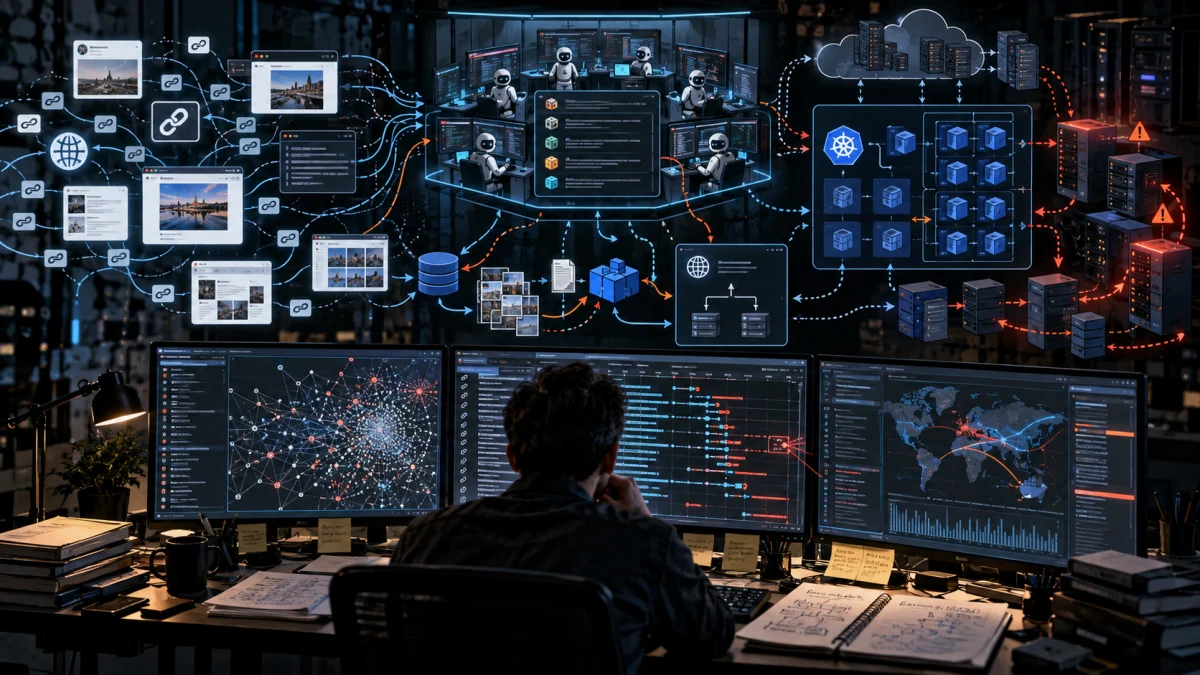 A person monitors multiple cybersecurity dashboards showing network graphs, global maps, and automated agents tracing links between websites, servers, and cloud infrastructure.