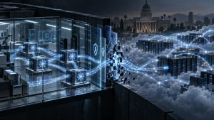 Illustration of a futuristic data center with glowing network lines and a shattered security barrier, with California’s Capitol building in the background.