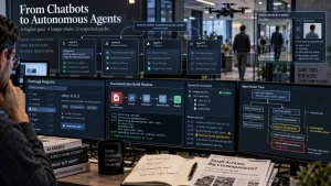 A multi-screen dashboard shows autonomous agent workflows, package registry data, deployment pipelines, and person-tracking surveillance overlays with a drone overhead.