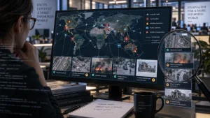 Person reviewing a large monitor showing a world map dashboard with verified and unconfirmed open-source intelligence data, aerial images, and incident markers.