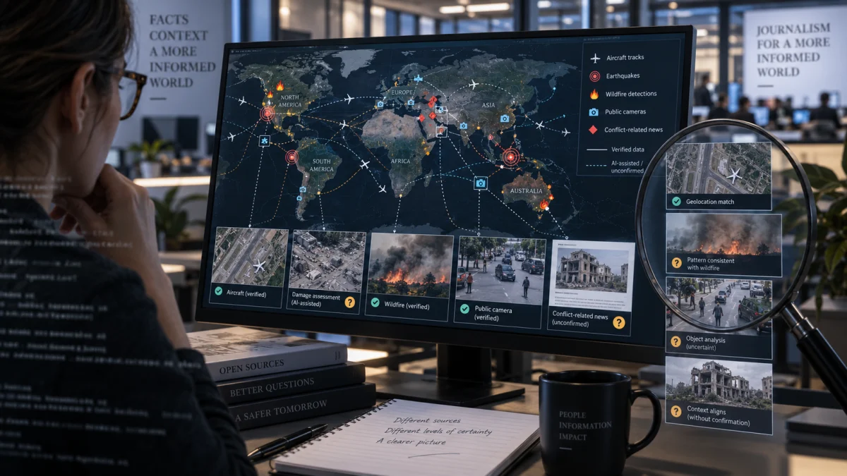 Person reviewing a large monitor showing a world map dashboard with verified and unconfirmed open-source intelligence data, aerial images, and incident markers.