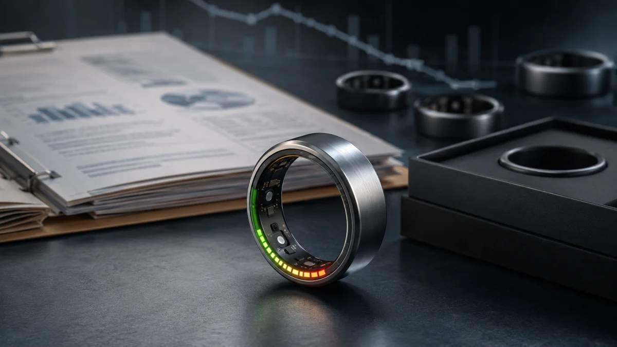 An Oura smart ring stands beside a document and packaging box on a dark desk, with battery indicator lights glowing inside the ring.