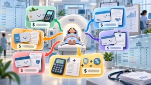 Illustration of a patient in a medical scanner surrounded by colorful cards, bills, calculator, and arrows comparing cash and insurance healthcare costs.