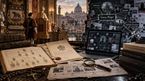 A desk filled with Orsini family records, Vatican imagery, a laptop showing a network diagram, and books about documented history and unverified claims.