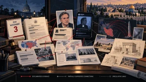Collage of documents, maps, a calendar marked November 3, and images of Washington, Jerusalem, and Iran connected by lines and pins.