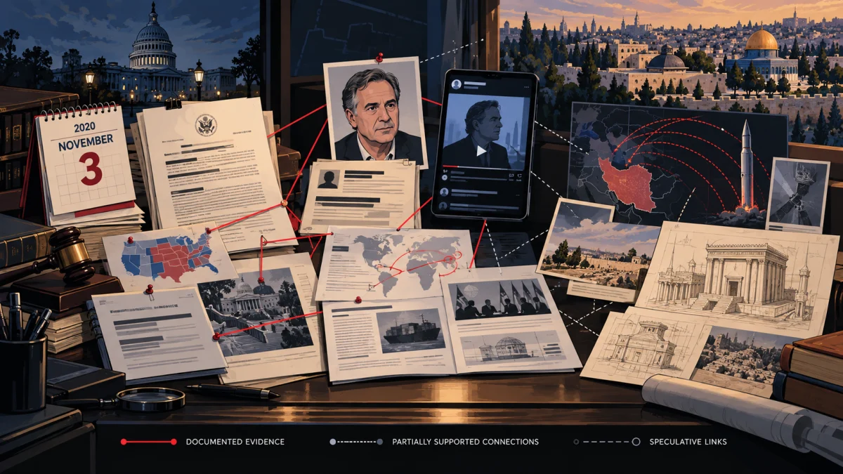 Collage of documents, maps, a calendar marked November 3, and images of Washington, Jerusalem, and Iran connected by lines and pins.
