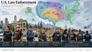 Infographic showing U.S. law enforcement roles and jurisdictions, including city police, county sheriff, state trooper, tribal police, and federal agencies across a colored map of the United States.