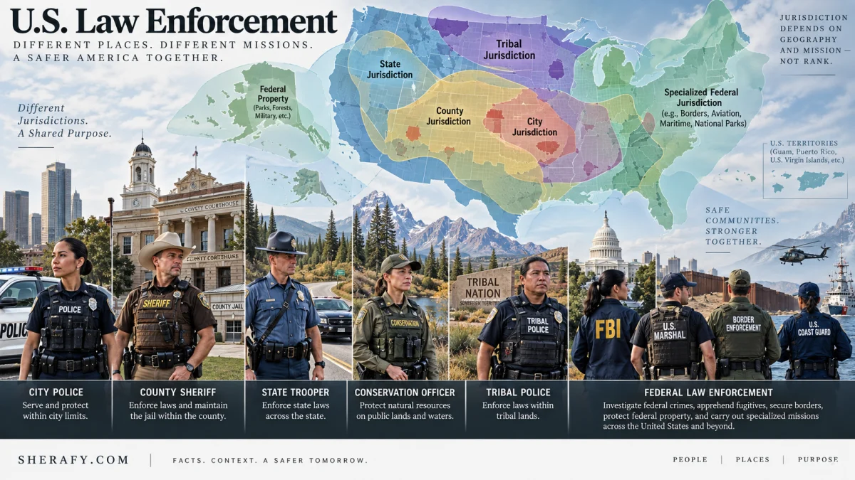 Infographic showing U.S. law enforcement roles and jurisdictions, including city police, county sheriff, state trooper, tribal police, and federal agencies across a colored map of the United States.