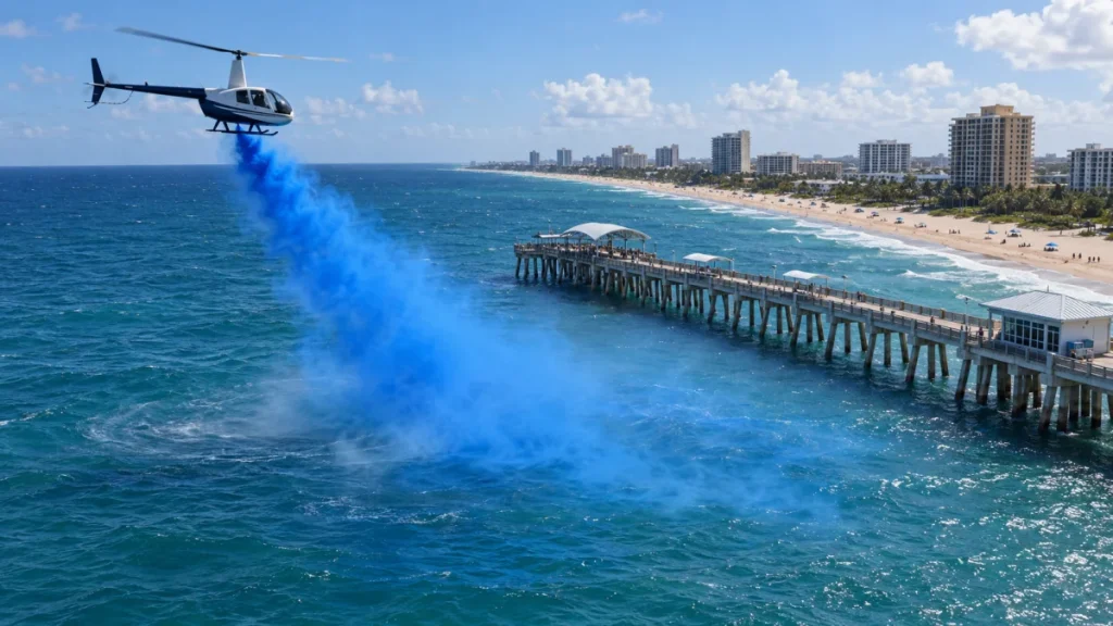 A helicopter flying over Pompano Beach Pier releases a long trail of bright blue smoke above the ocean.