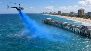 A helicopter flying over Pompano Beach Pier releases a long trail of bright blue smoke above the ocean.