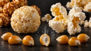 Popcorn kernels and popped popcorn balls, including round and winged shapes, arranged on a dark surface.