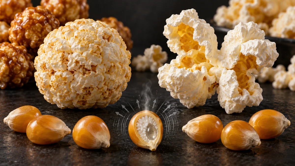 Popcorn kernels and popped popcorn balls, including round and winged shapes, arranged on a dark surface.