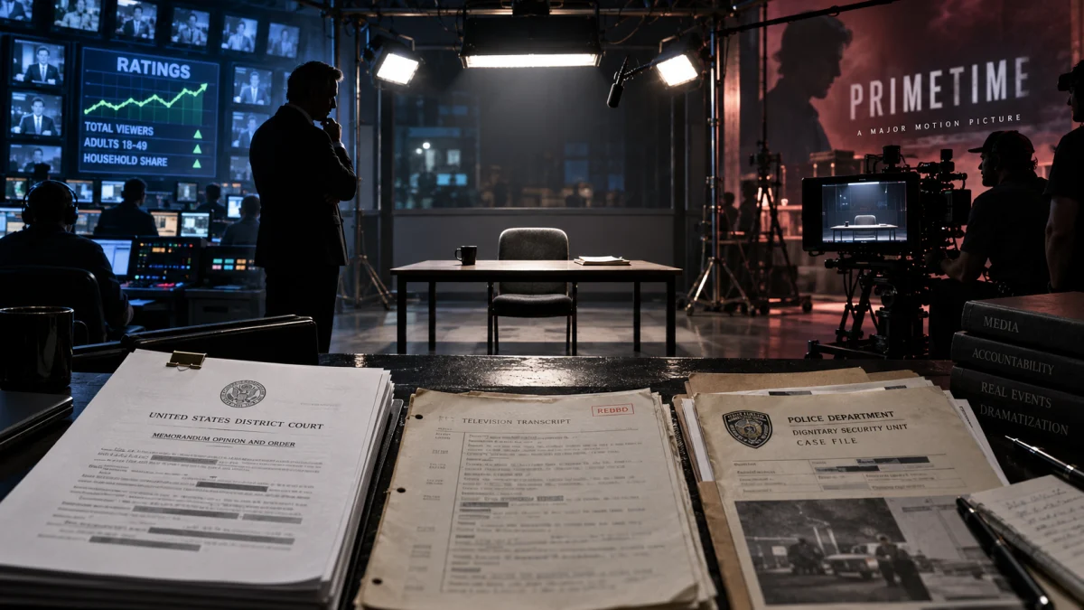 A dimly lit television studio with cameras, monitors, a desk, and stacks of legal and police documents in the foreground.